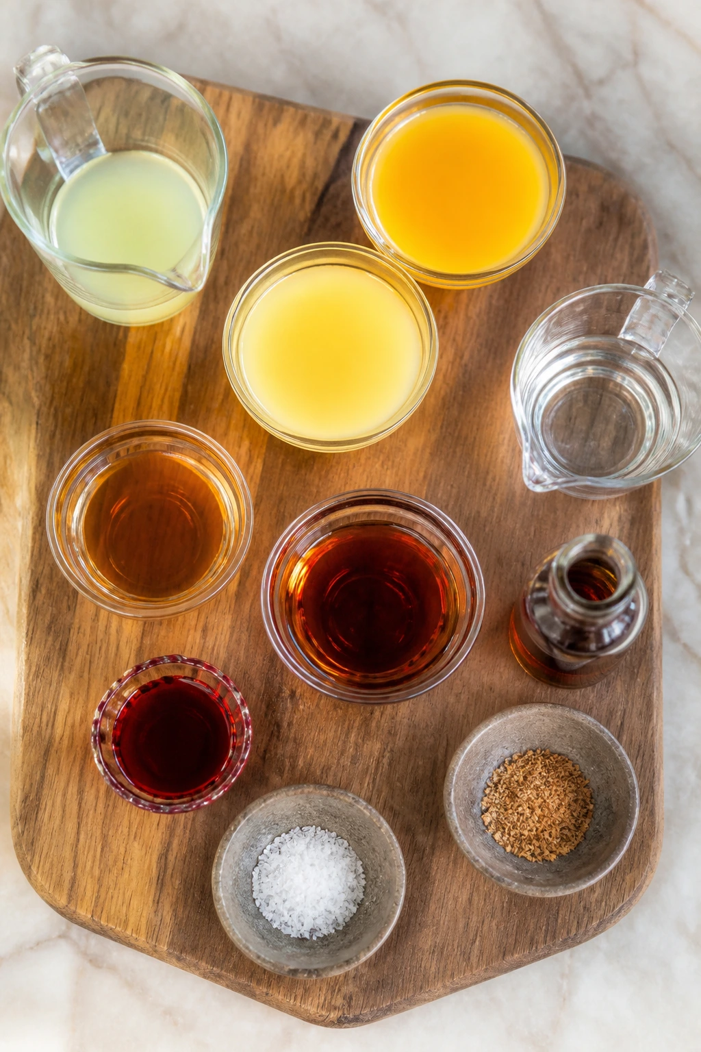 Top-down arrangement of punch ingredients in glass bowls on a wooden board