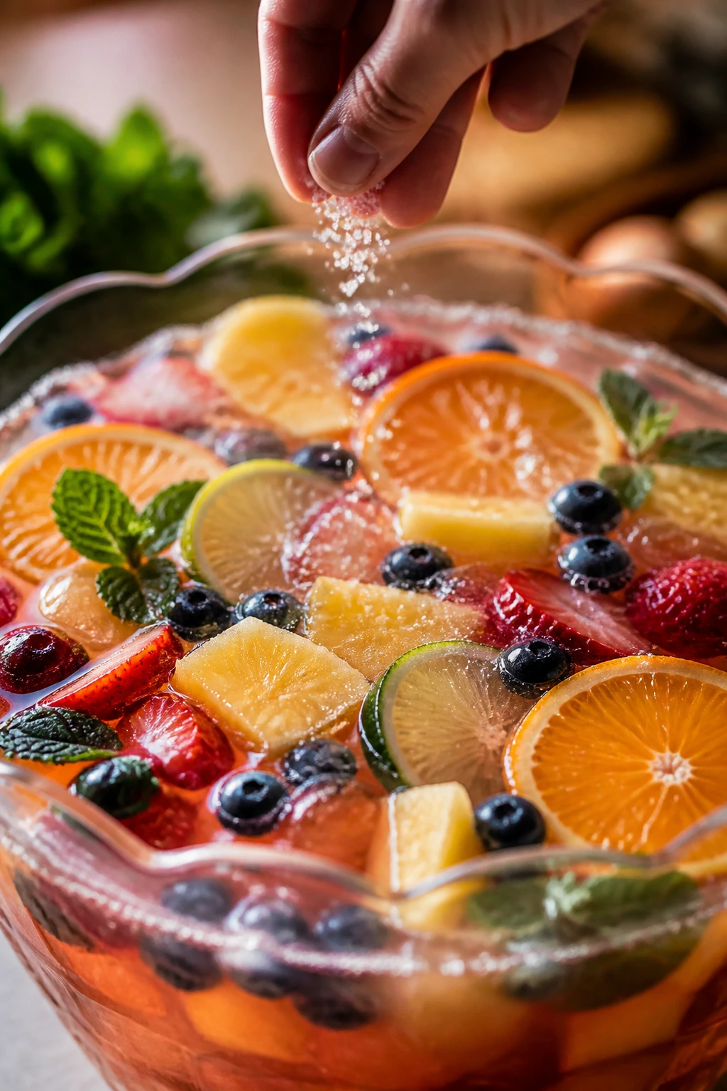 Punch bowl with a pinch of sea salt added to sharpen citrus flavors