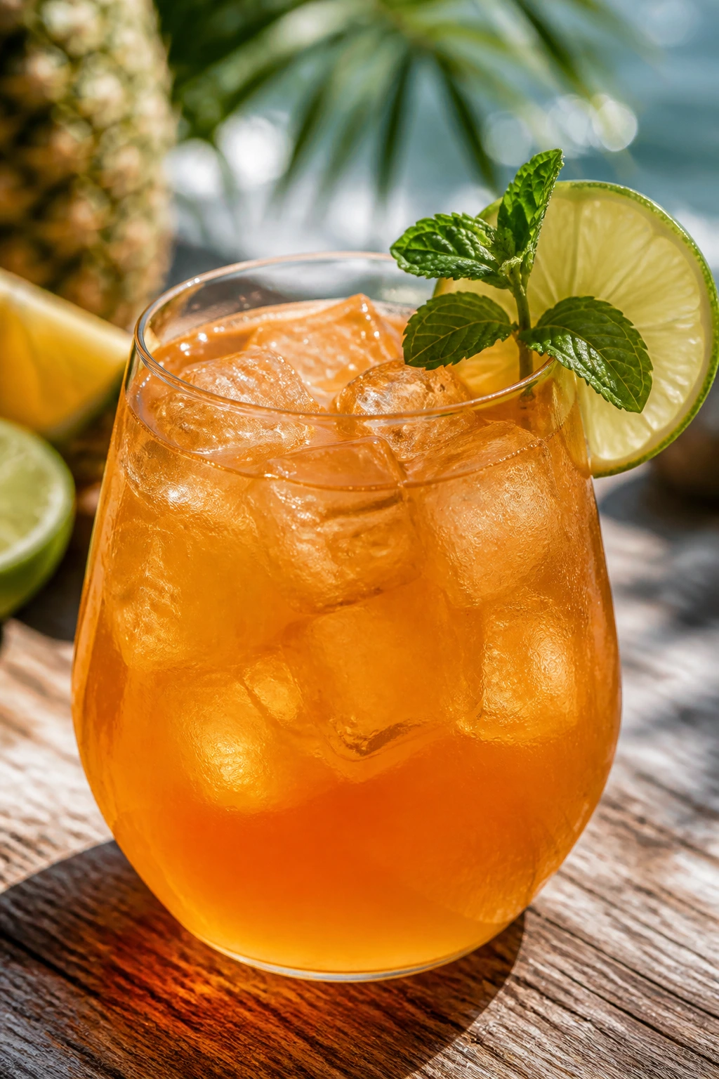 Glass of punch with lime and mint on a sunny table