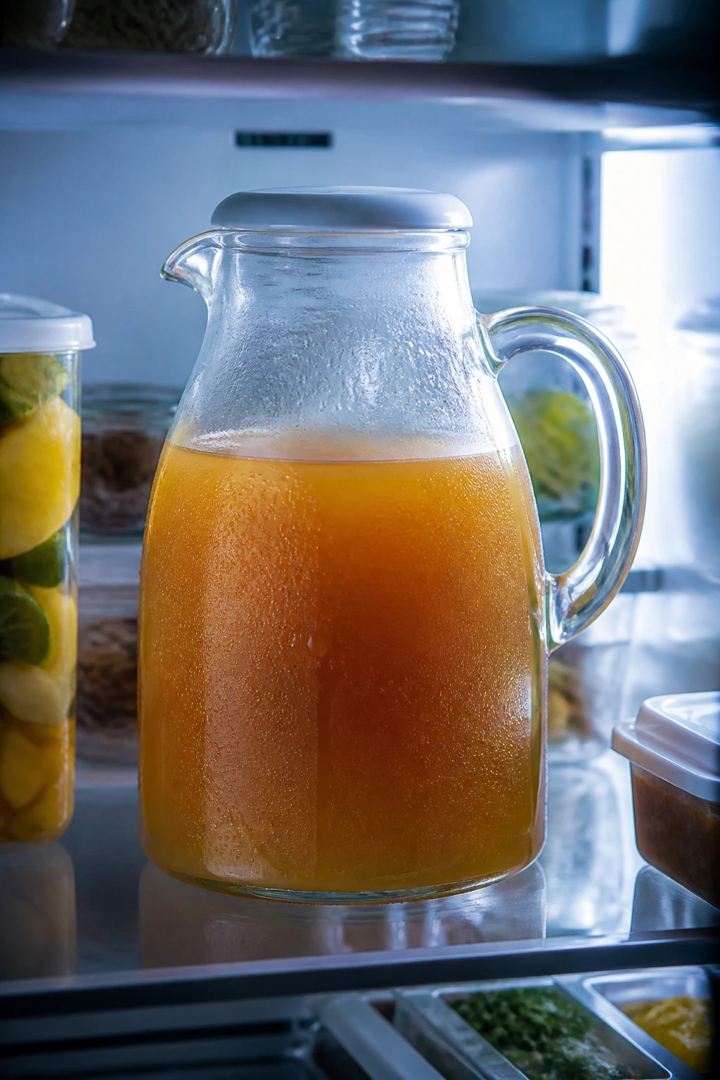 Punch base in a sealed pitcher inside a fridge with condensation