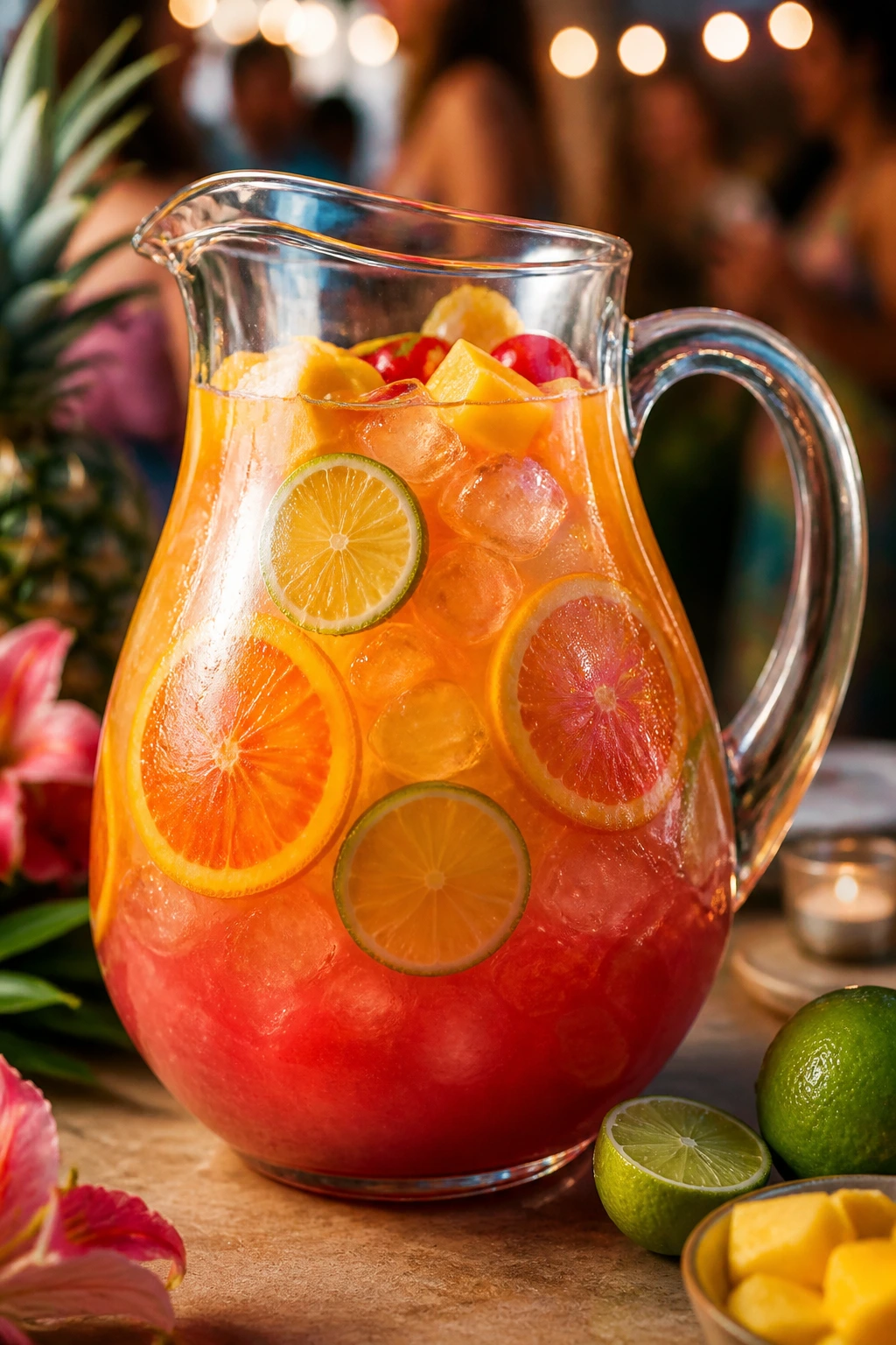Caribbean Sunset Punch in a clear pitcher with citrus slices and ice