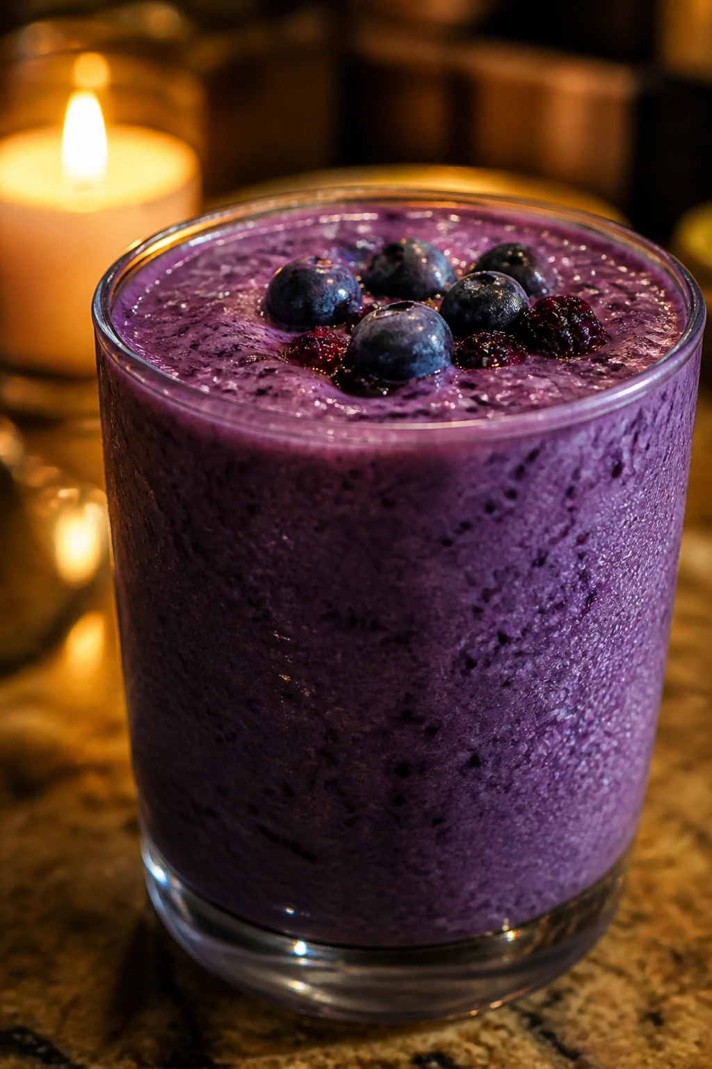 Close-up of a deep purple smoothie in a glass with blueberries on top