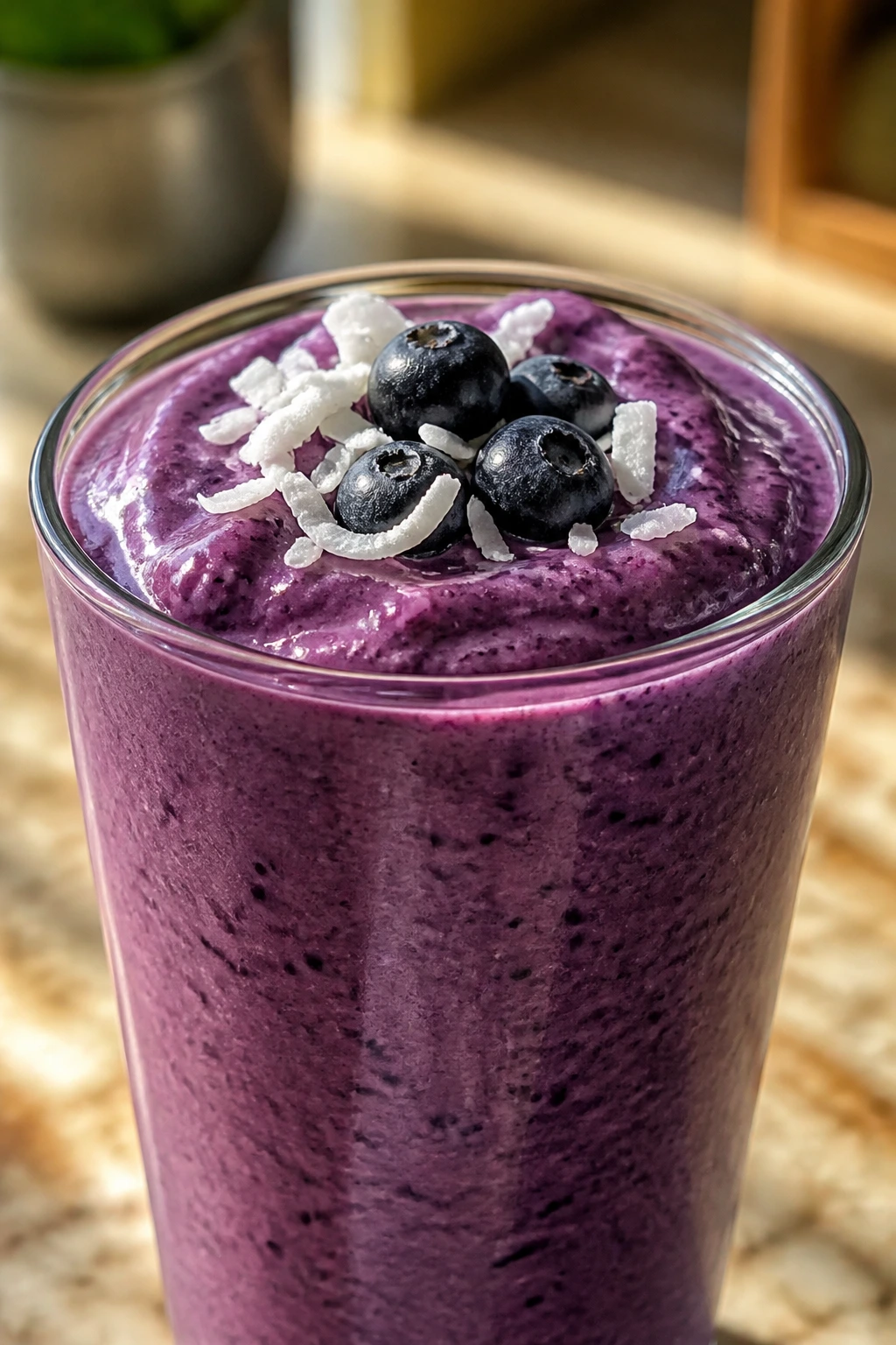 Deep purple Ube Blueberry Coconut Smoothie in a glass on a sunlit kitchen counter