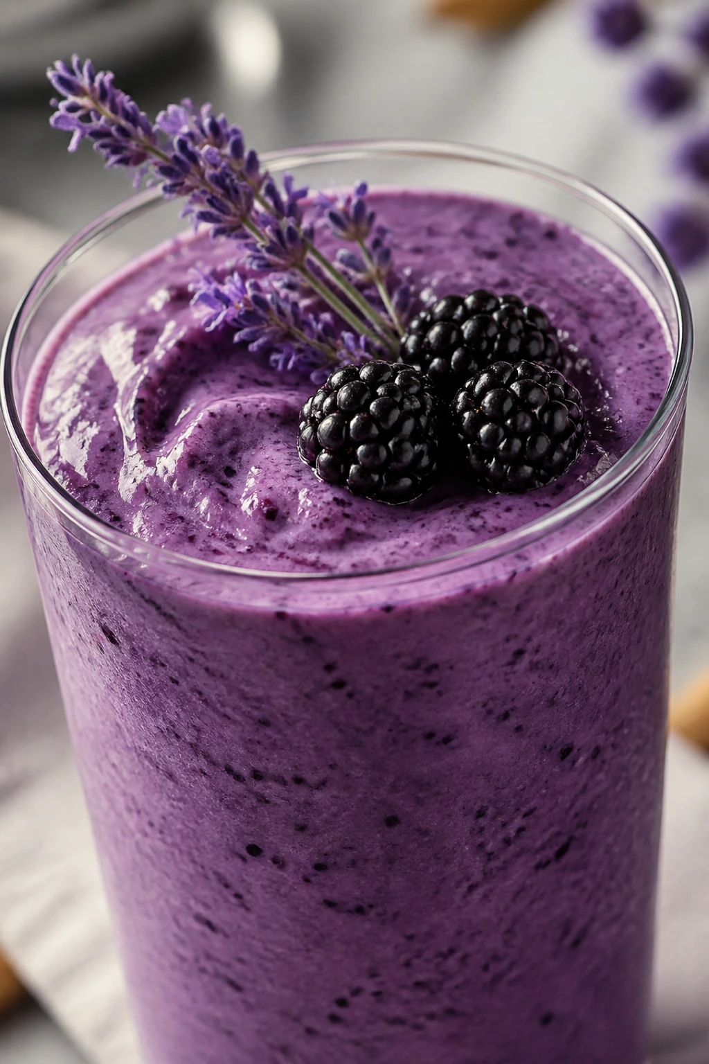 Close-up of blackberry lavender yogurt smoothie in a glass on a soft-lit kitchen counter