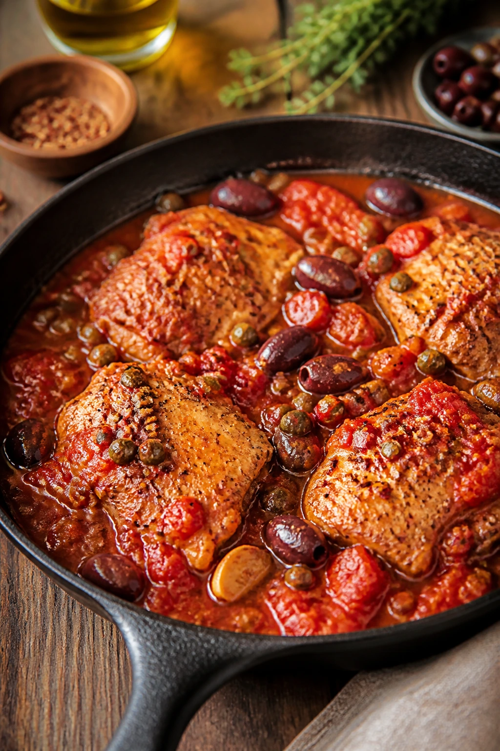 Close-up of chicken puttanesca in a skillet with olives and capers