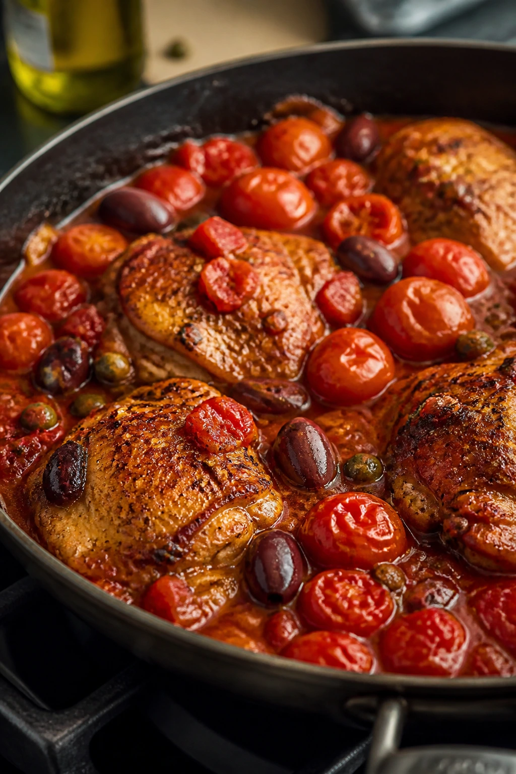 Skillet chicken in puttanesca sauce with tomatoes and olives