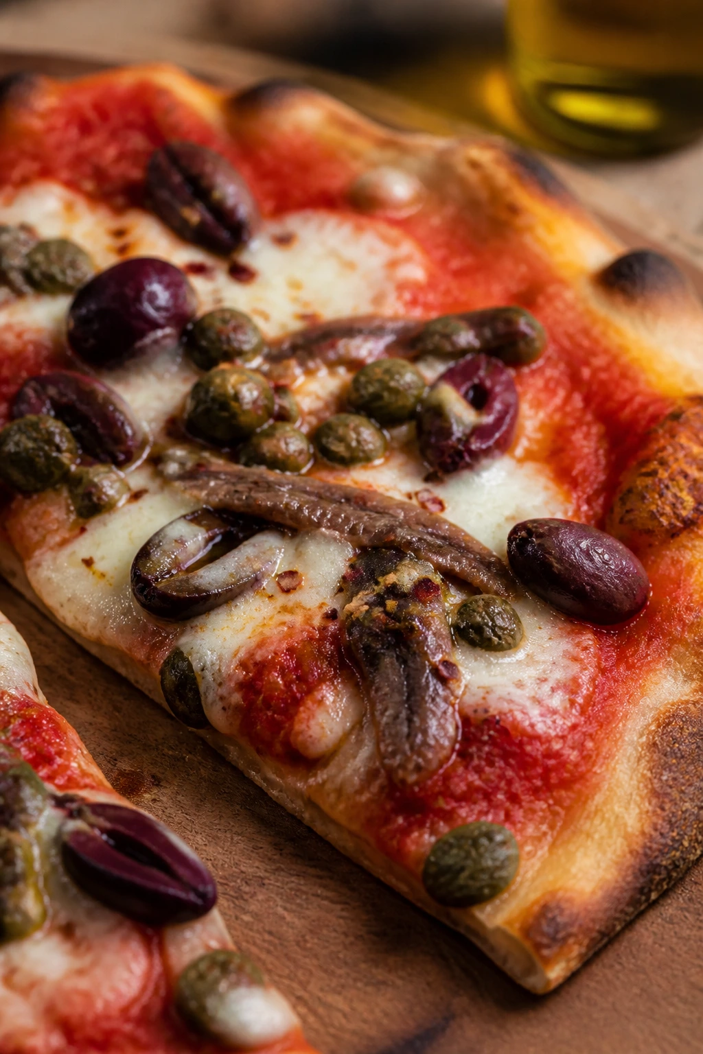 Close-up of puttanesca pizza slice with olives, capers, and anchovies on a wooden board