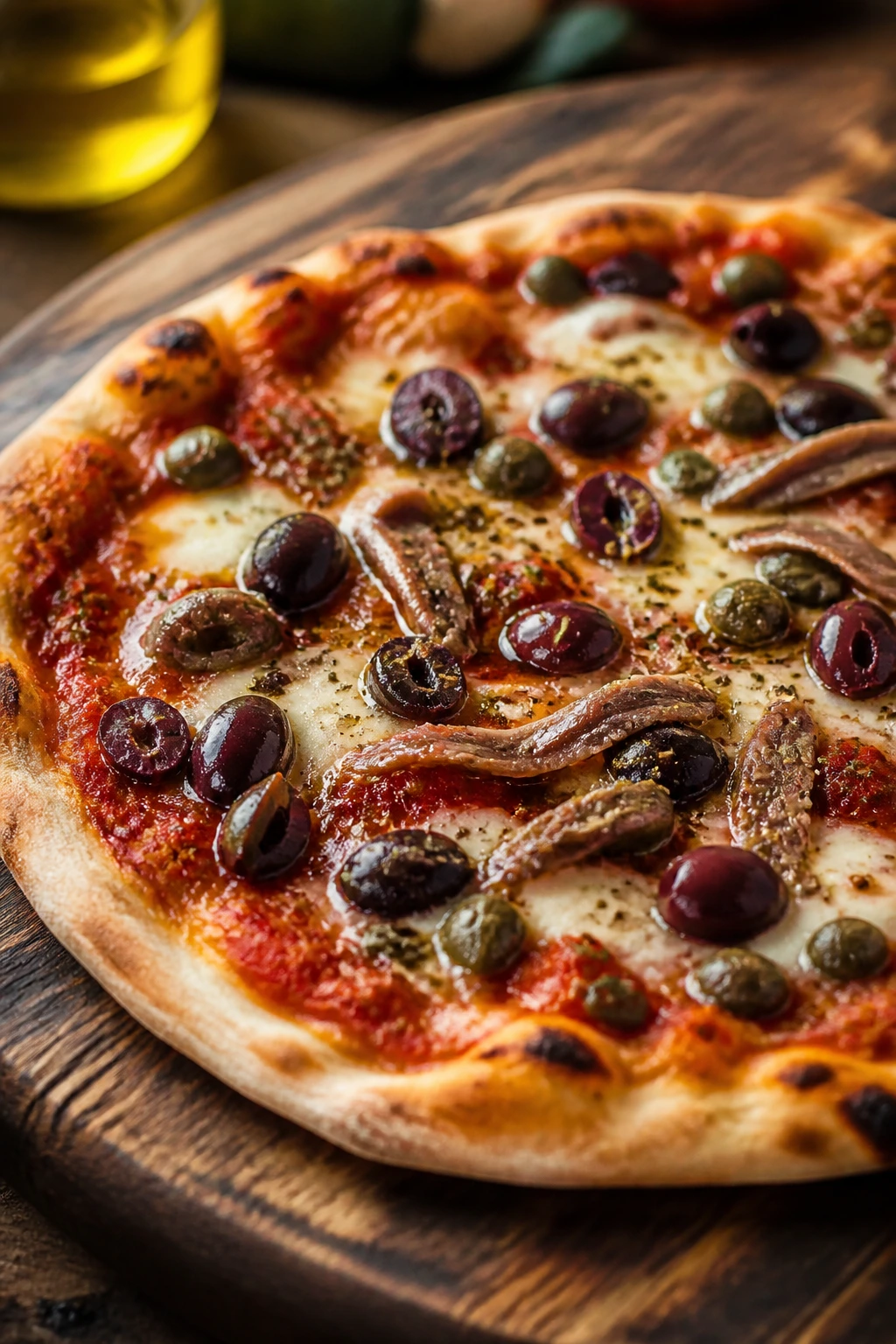 Close-up of puttanesca pizza with olives, capers, and anchovy