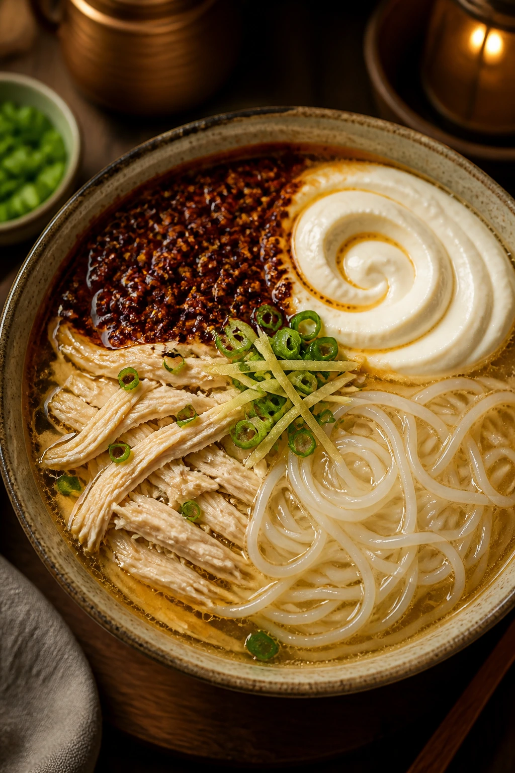 Bowl with four topping variations: chili crisp, tofu cream, chicken, and rice noodles.