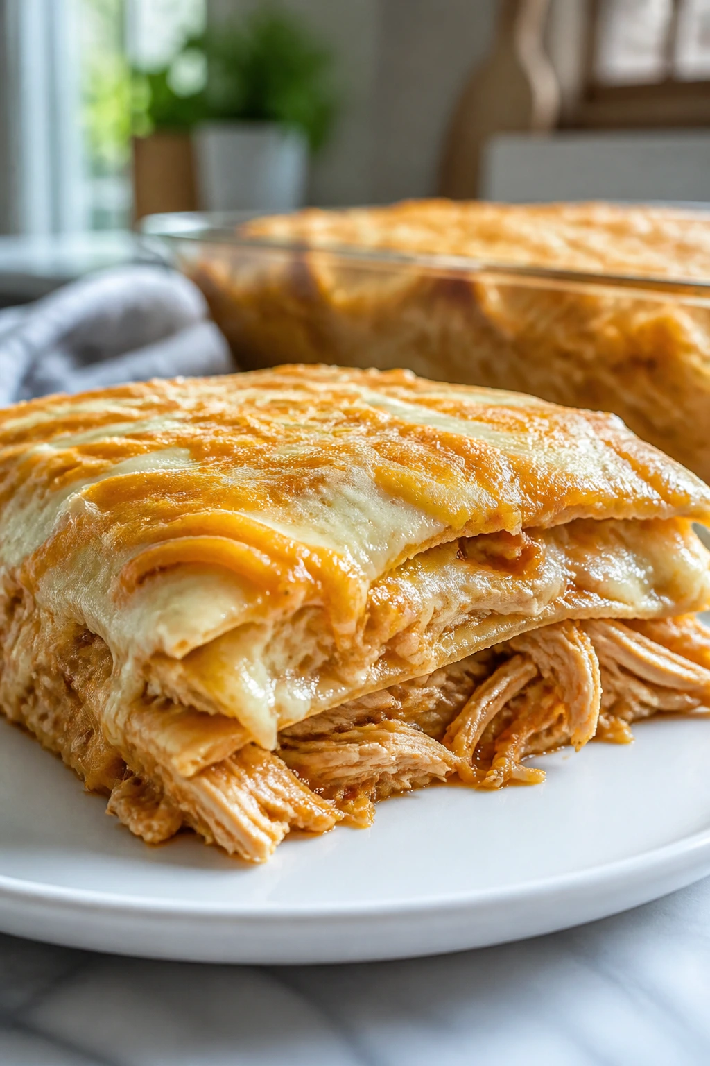 Slice of chicken quesadilla bake on plate with melted cheese