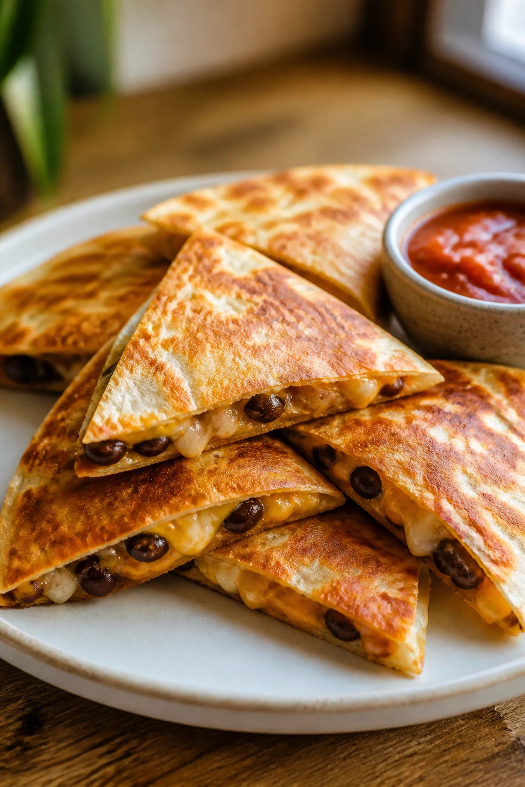 Close-up of cheesy bean quesadilla triangles on a plate