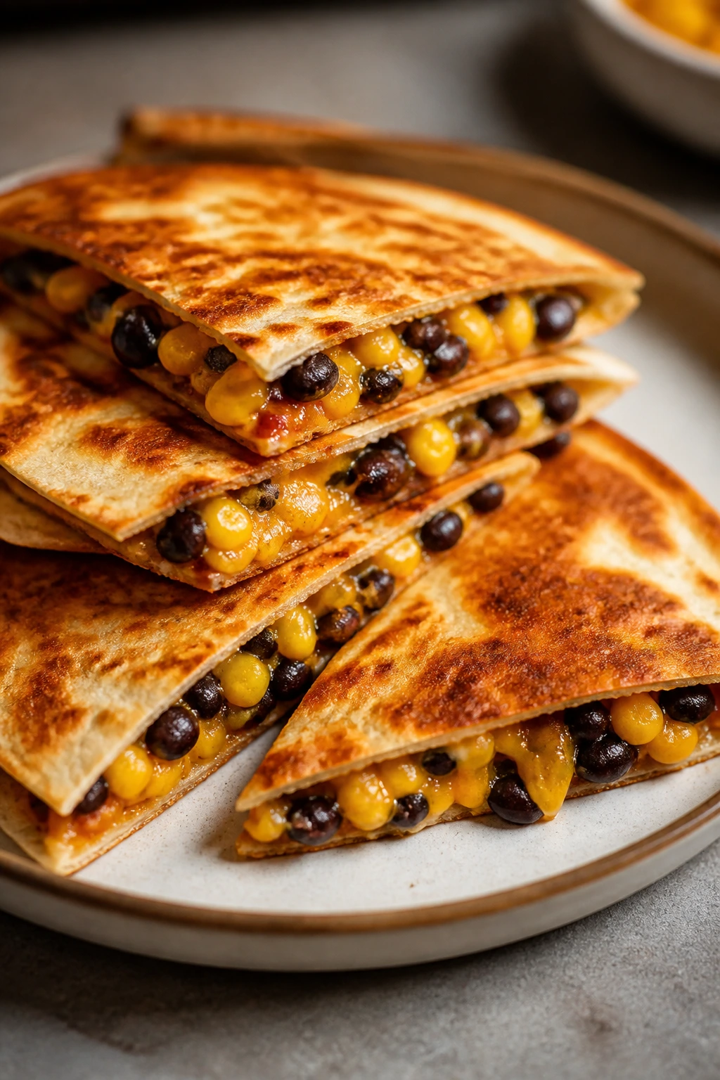 Close-up of black bean quesadilla wedges on plate