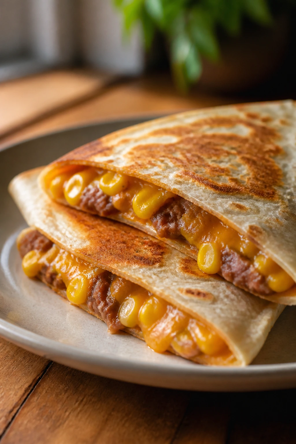 Quesadilla with beans and corn on plate, melted cheese visible