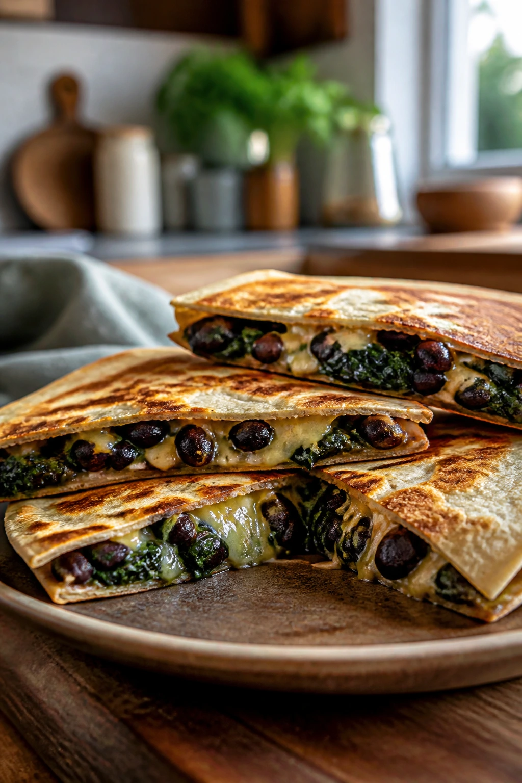 Close-up of a bean and spinach quesadilla showing beans, cheese, and spinach.