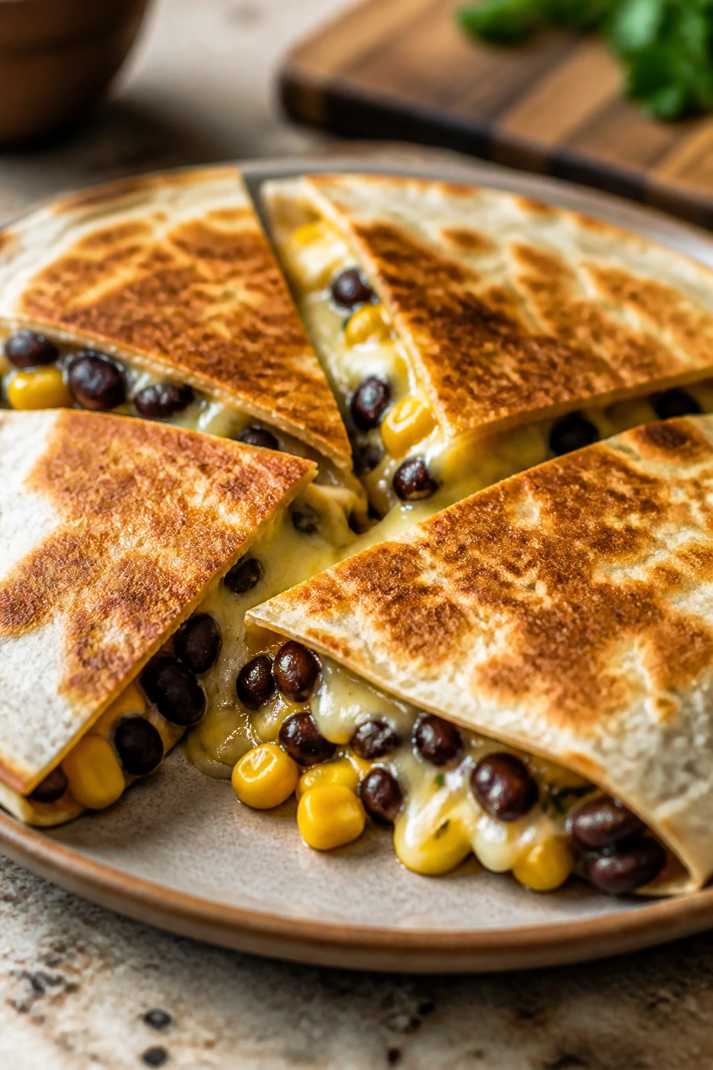 Quesadilla wedges with black beans and corn on a plate
