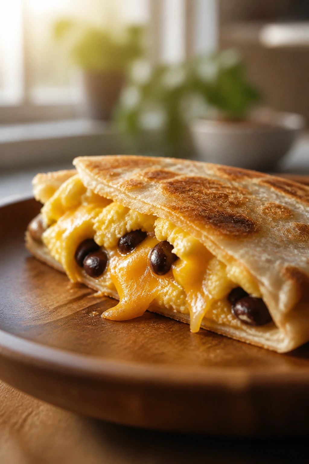 Close-up of a mini breakfast quesadilla wedge with cheese and egg filling