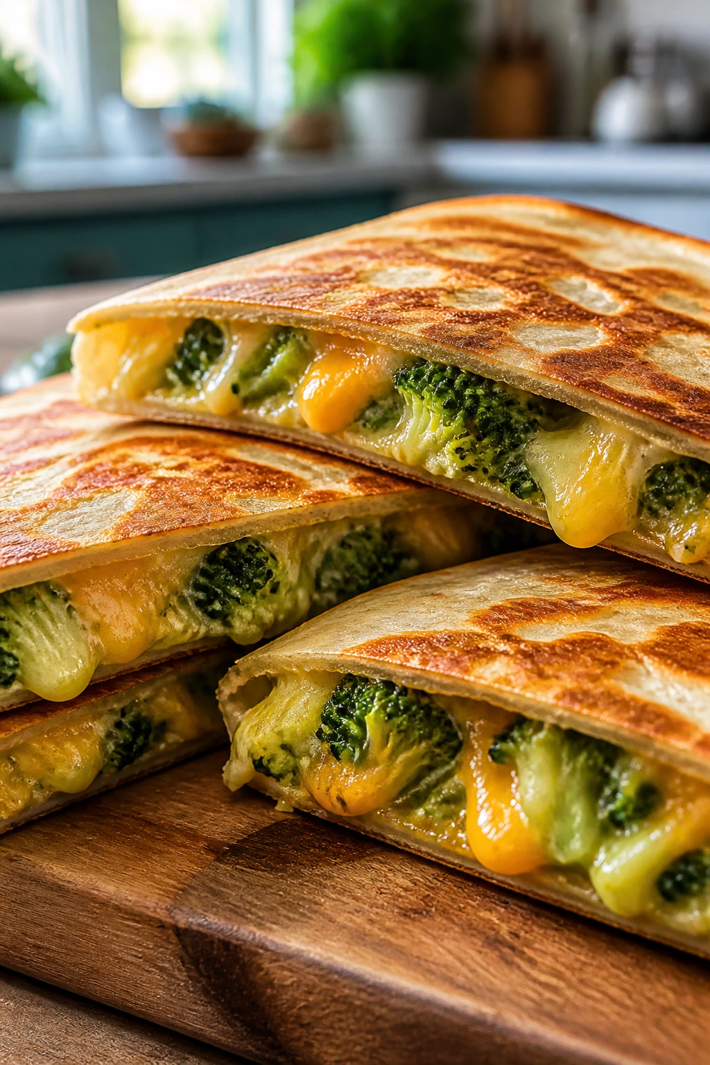 Close-up of cheesy broccoli quesadillas on a wooden board
