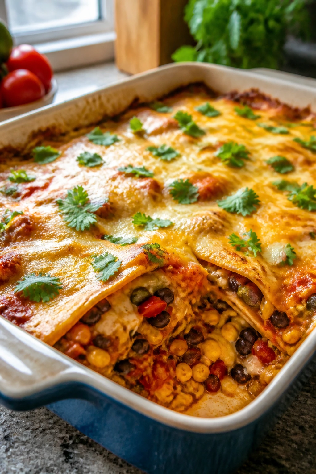 Layered veggie quesadilla casserole in a baking dish with bubbling cheese