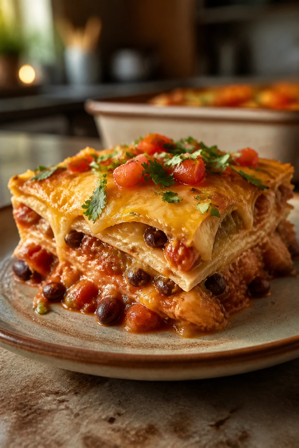 Close-up of a layered quesadilla casserole slice on a rustic plate in a warm kitchen