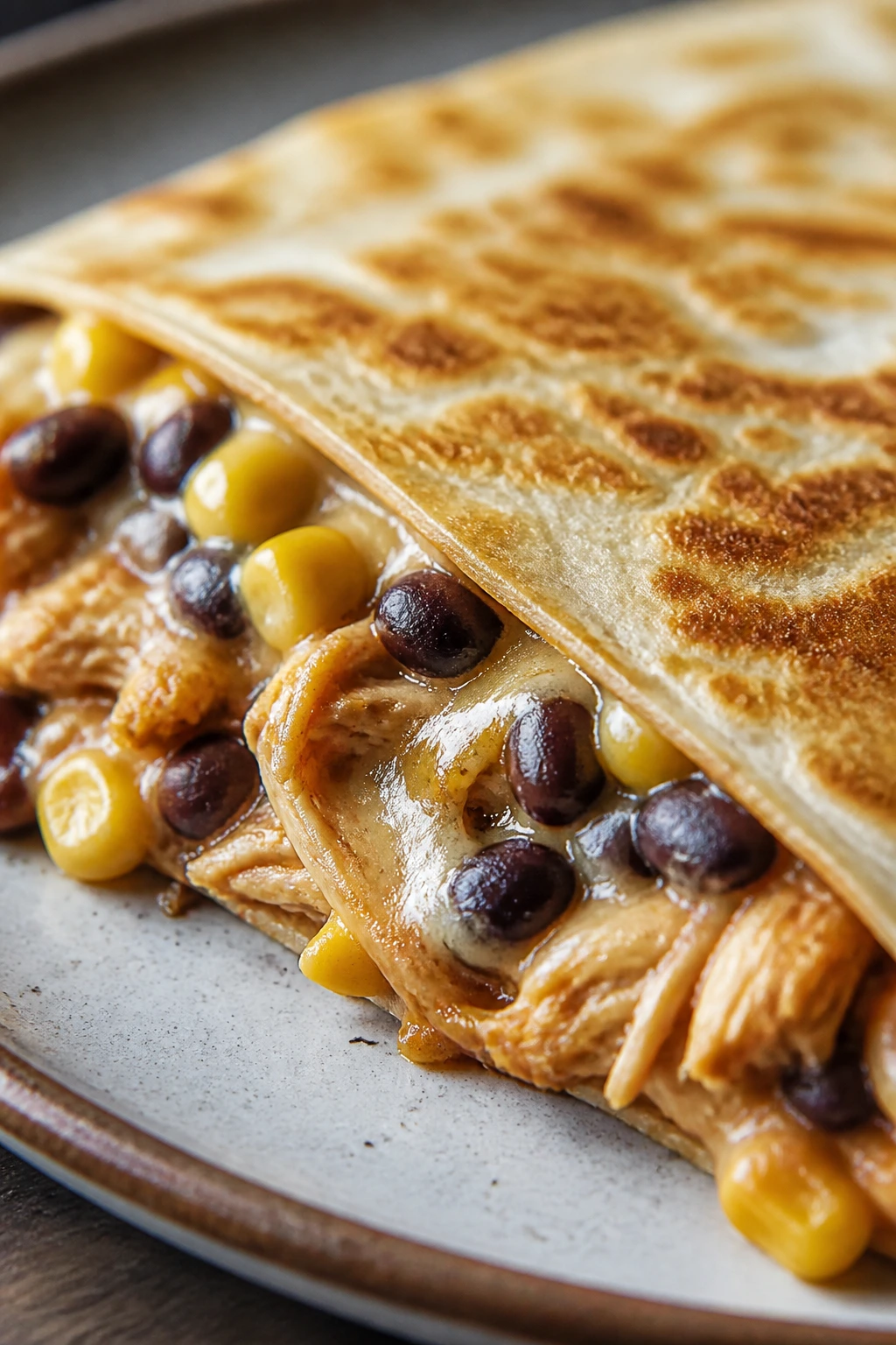 Quesadilla half with chicken, beans, corn and melted cheese filling