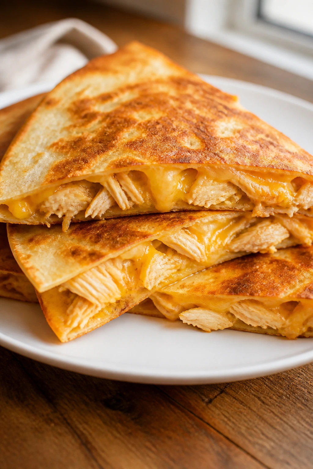 Close-up of a golden cheesy chicken quesadilla on a plate.