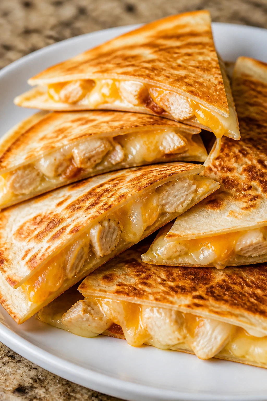 Close-up of cheesy chicken quesadilla wedges with melted cheese on a plate