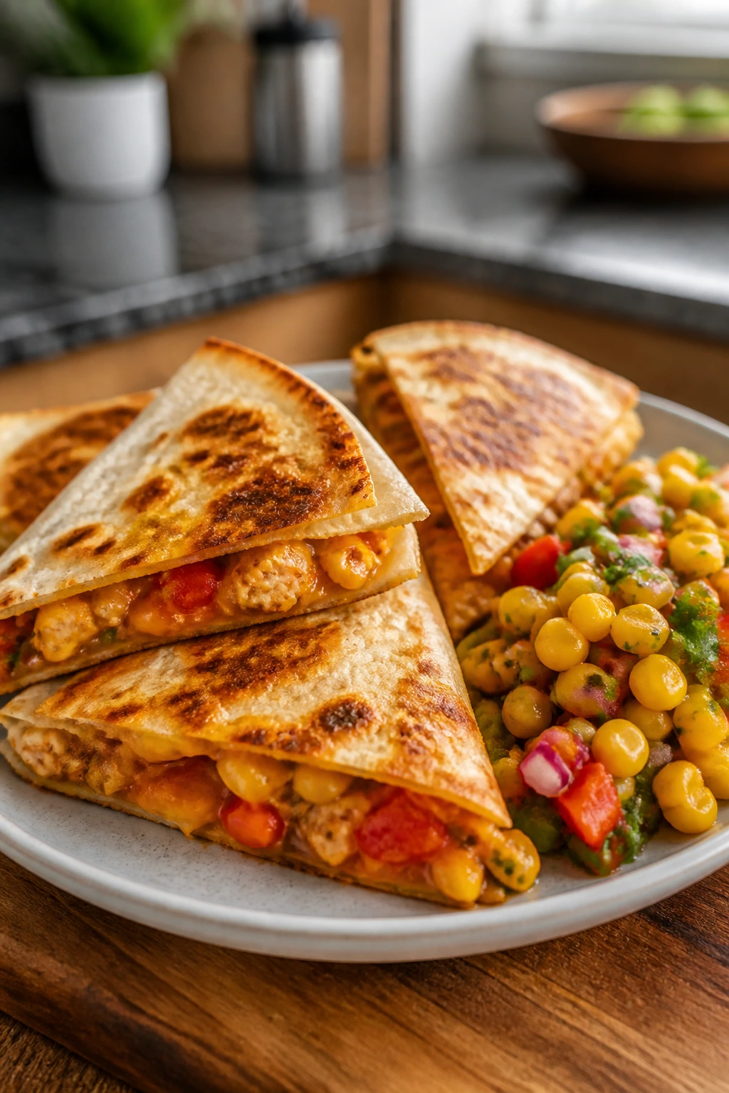 Close-up of chicken quesadilla triangles with corn salsa