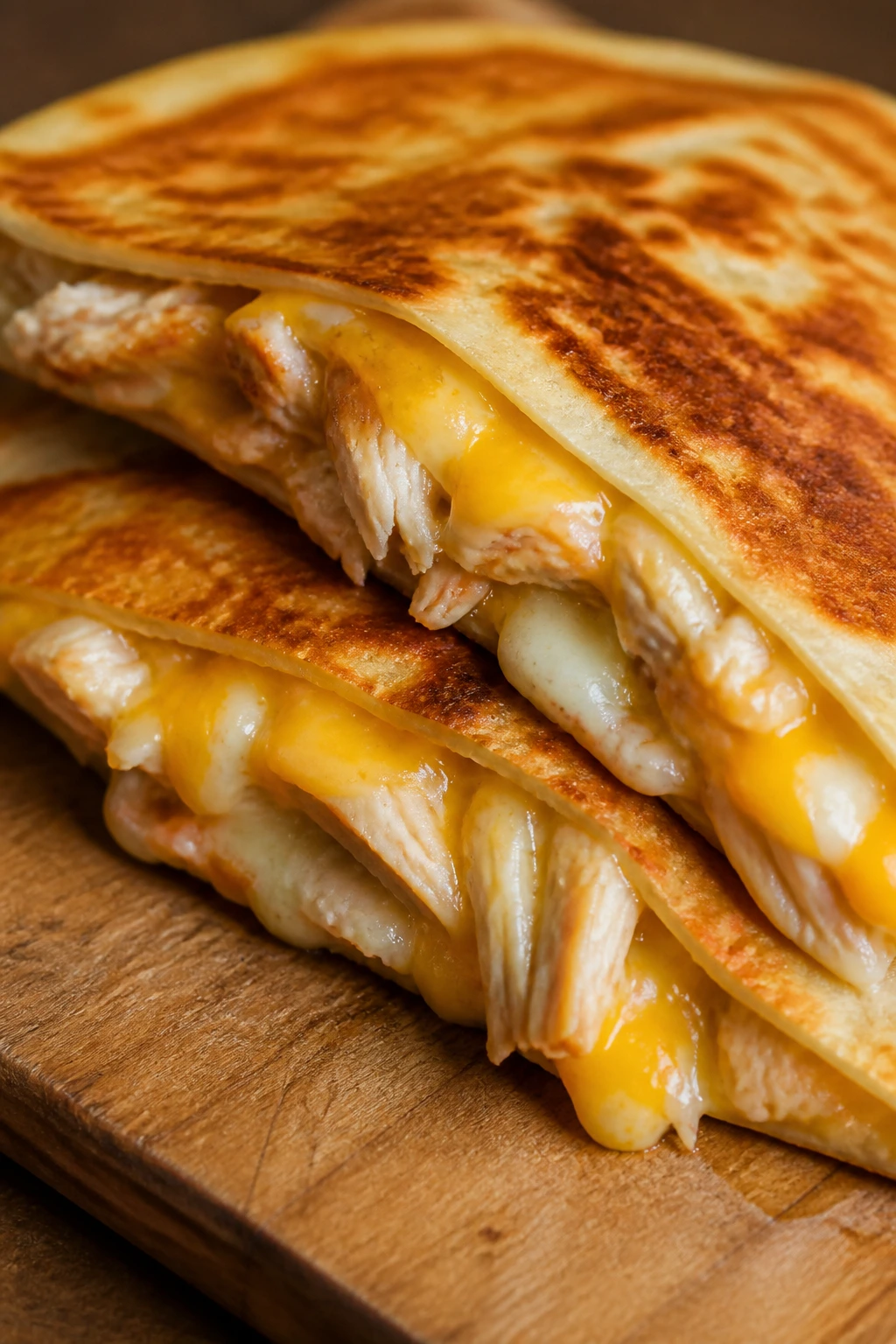 Golden quesadilla with melty cheese and chicken on wooden board