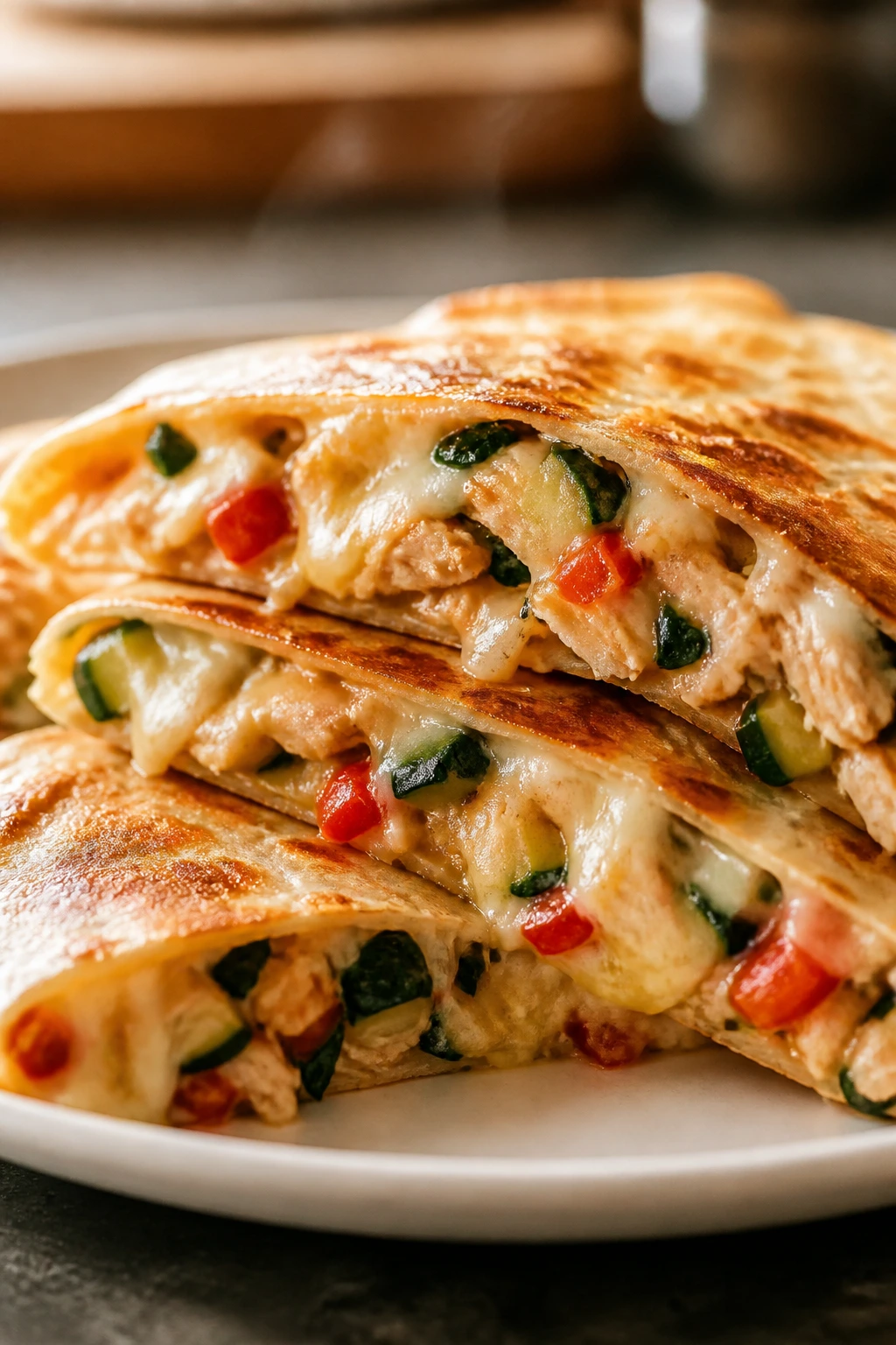 Close-up of hidden-veggie chicken quesadilla with cheese and vegetables.