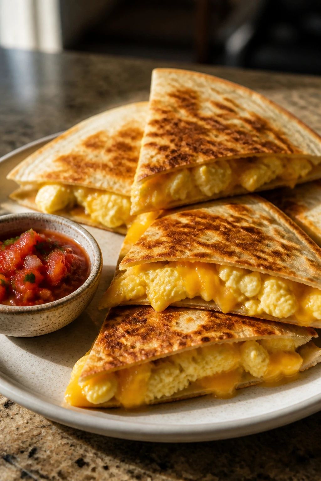 Close-up of egg and cheese quesadilla with salsa