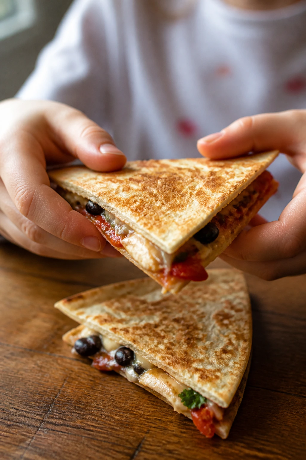 Child's hands holding triangular quesadillas