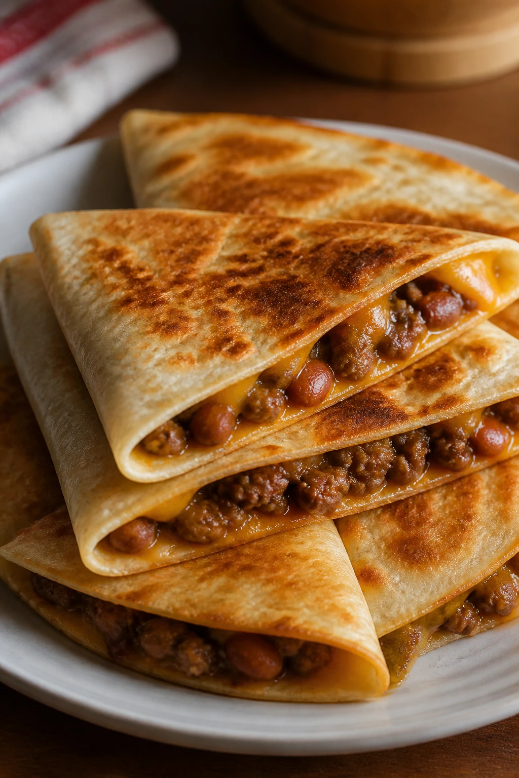 Close-up of folded beef and bean quesadilla packets on a plate