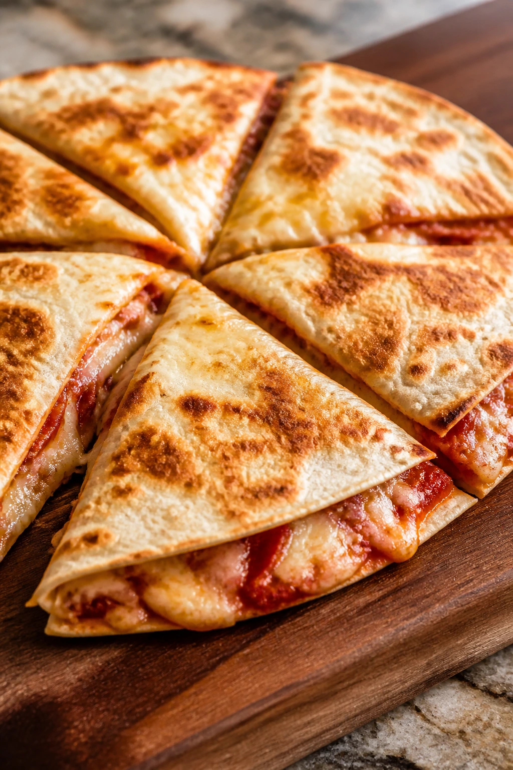Quesadilla pizza wedges on wooden board