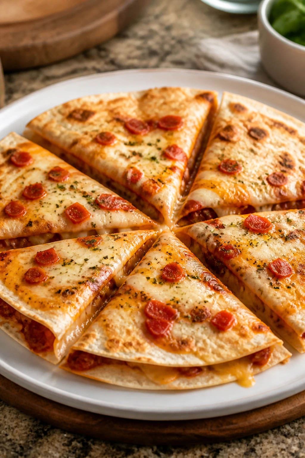 Quesadilla pizza wedges on plate in warm kitchen
