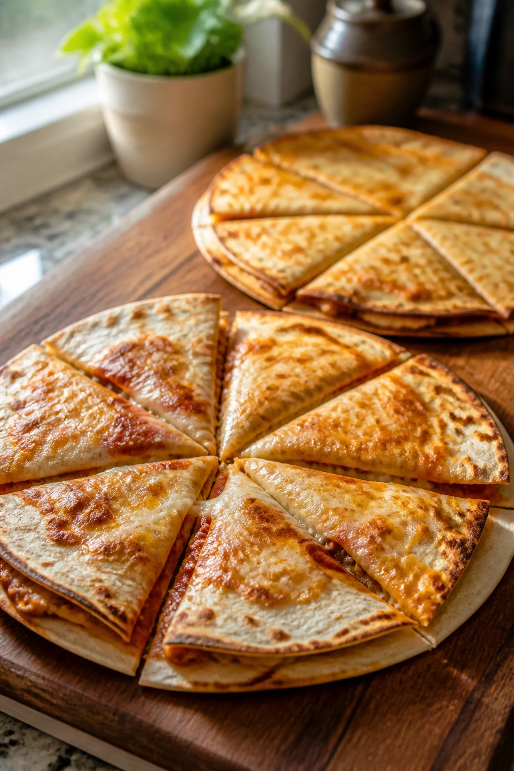 Close-up of quesadilla pizzas on a wooden board with melted cheese and crisp edges