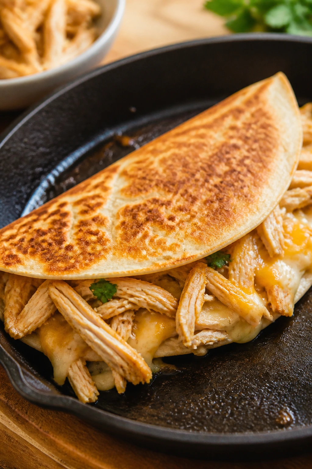 Quesadilla cooking in a skillet with rotisserie chicken filling