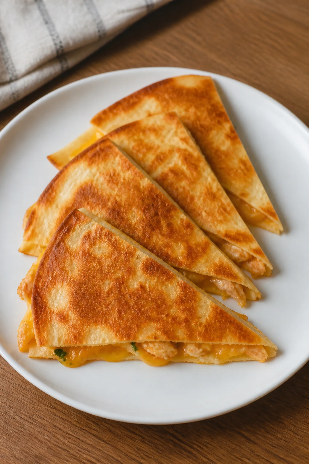 Close-up of four quesadilla wedges neatly arranged on a white plate