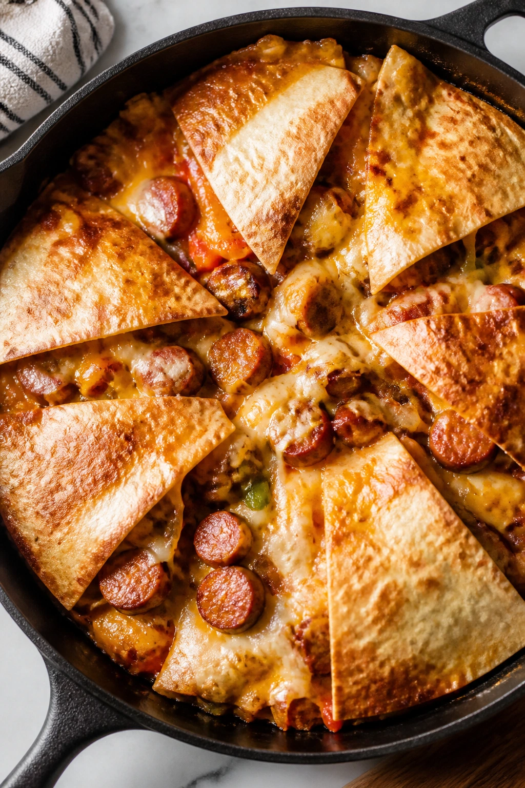 Skillet with smoky sausage quesadillas, browned edges, melted cheese visible
