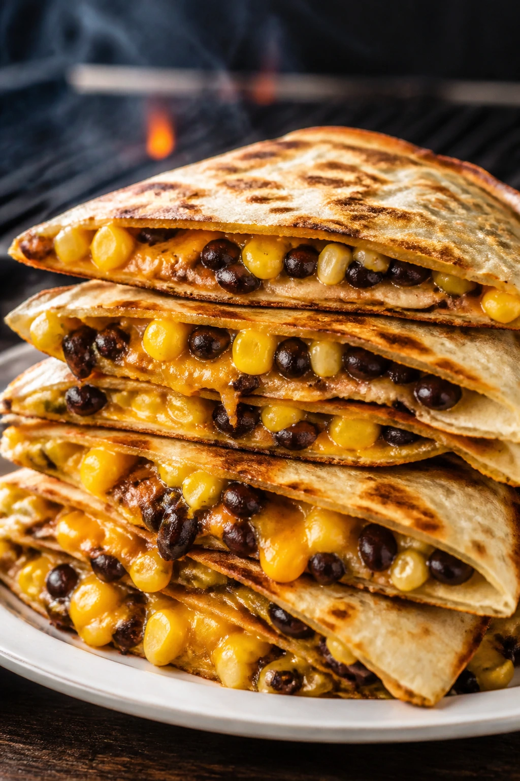 Stack of corn and bean quesadillas sliced into wedges on plate