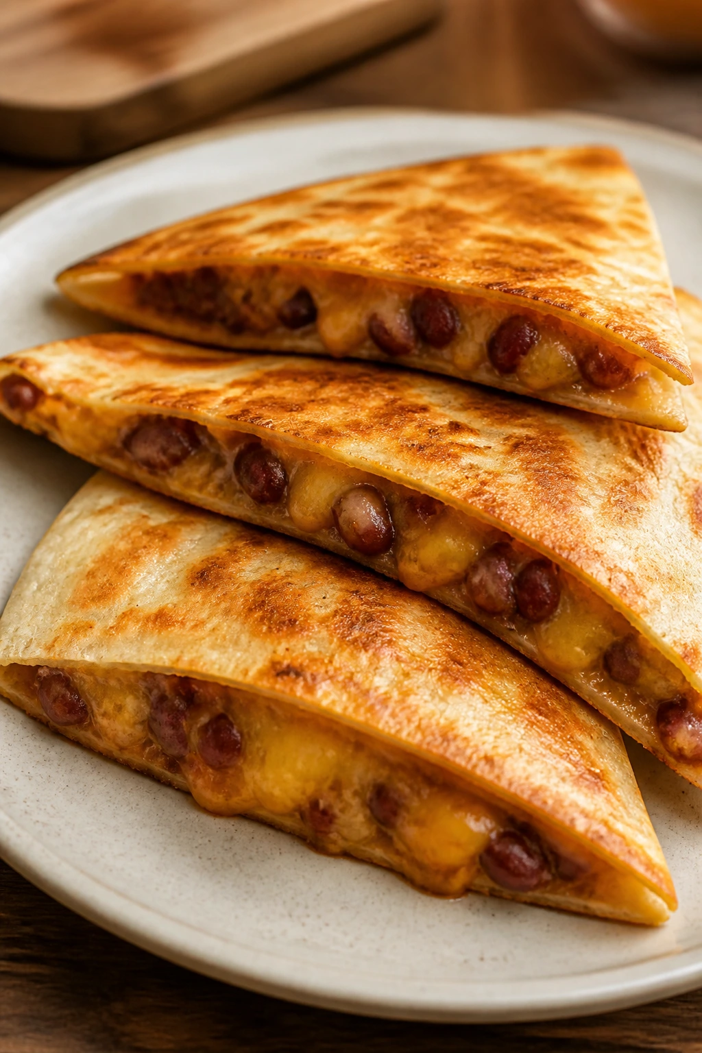 Close-up of cheesy bean quesadilla triangles on a plate
