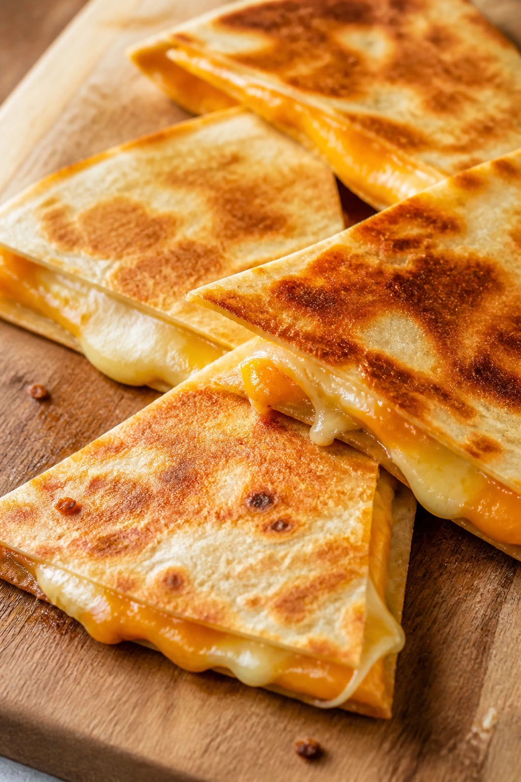 Quesadilla triangles with melted cheese on a wooden board.