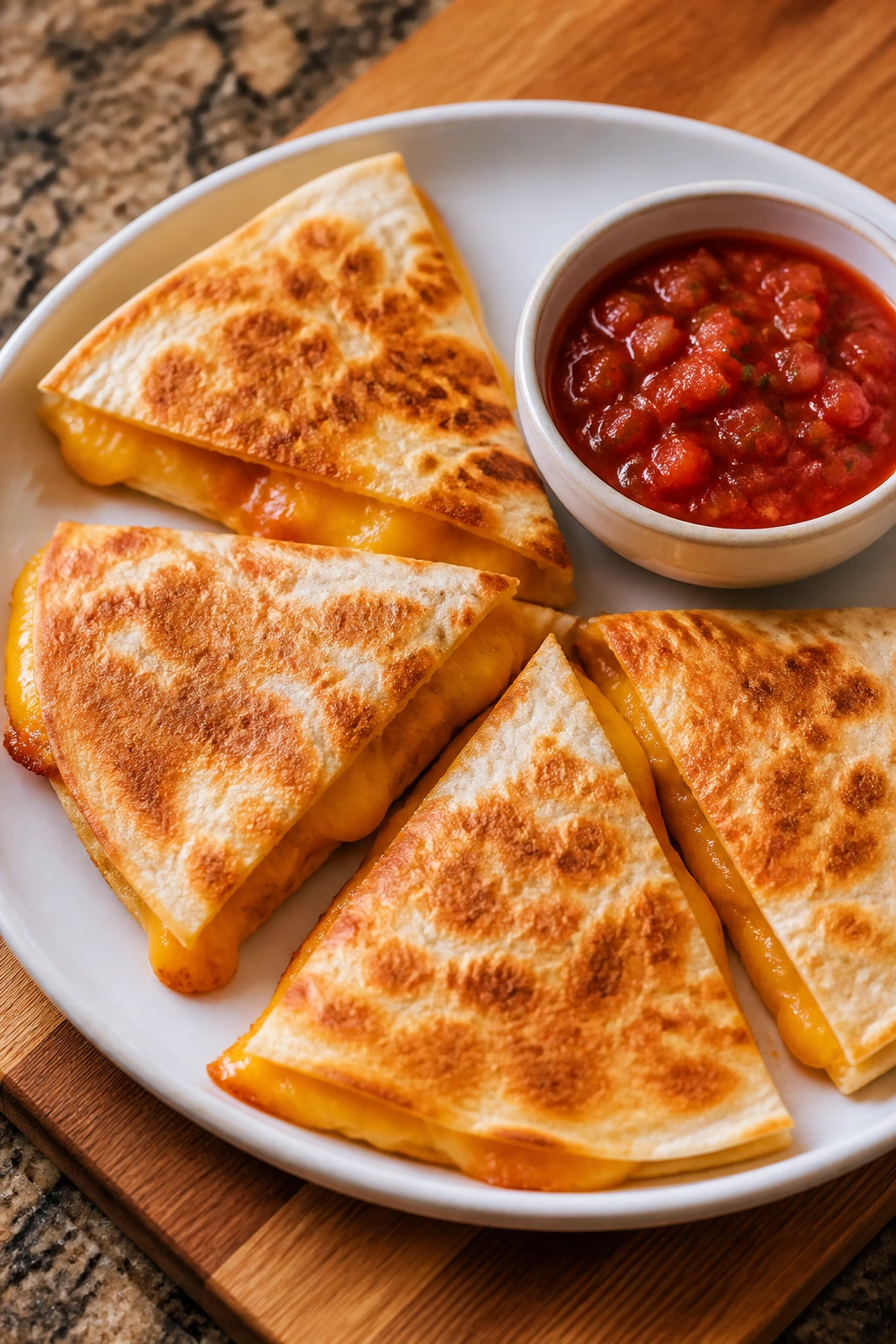 Plate of quesadilla triangles with salsa on the side in a cozy kitchen.