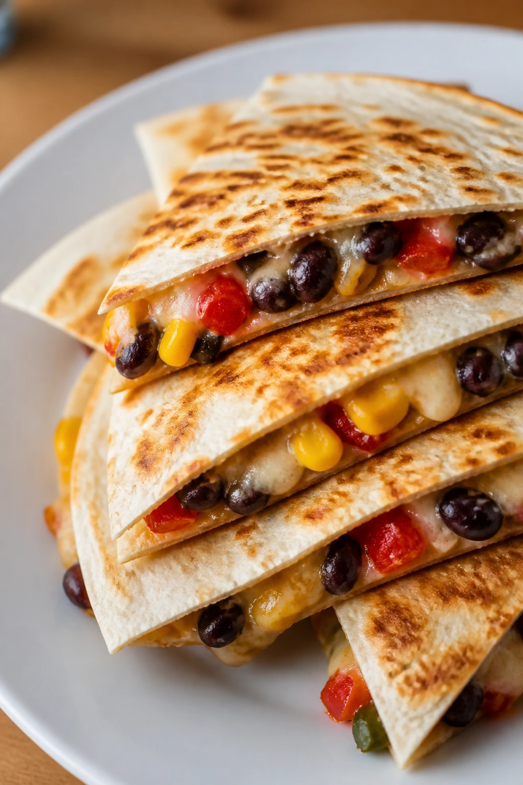Close-up of veggie quesadilla triangles on a plate with cheese and peppers visible