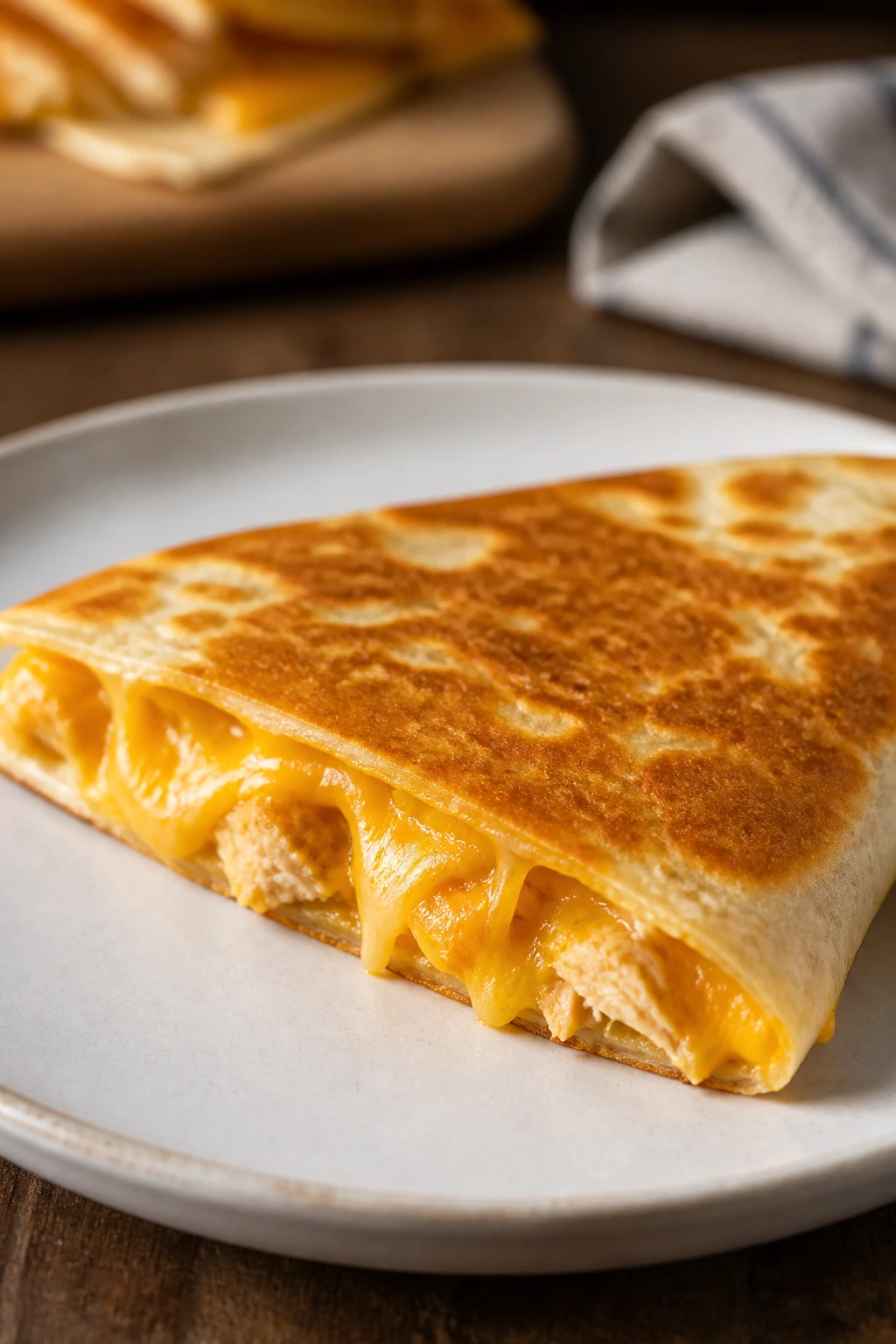 Close-up of a quesadilla wedge on plate in warm kitchen