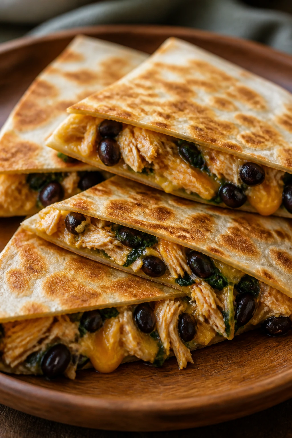Close-up of crisp quesadilla wedges with chicken, beans, and melted cheese on a plate