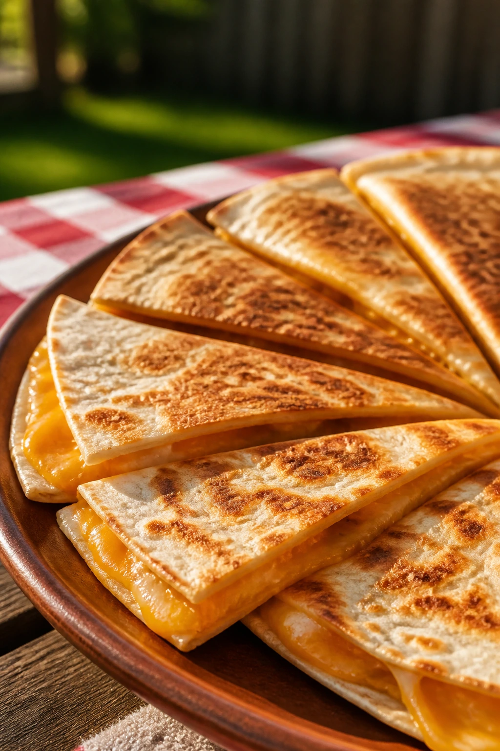 Close-up of golden cheese quesadilla wedges on a plate outdoors