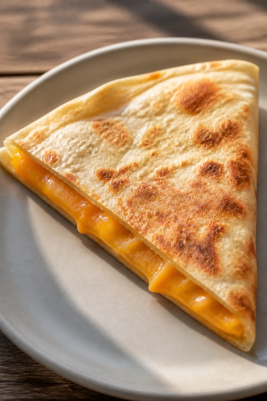 Close-up of a cheesy quesadilla wedge on a plate with melty cheese