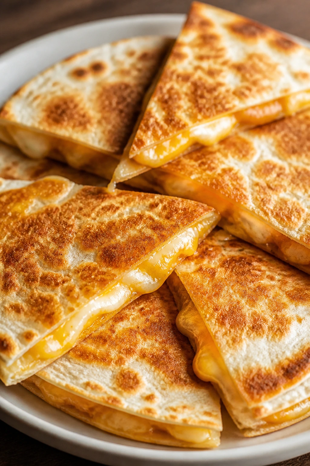 Quesadilla wedges with melted cheese on a plate