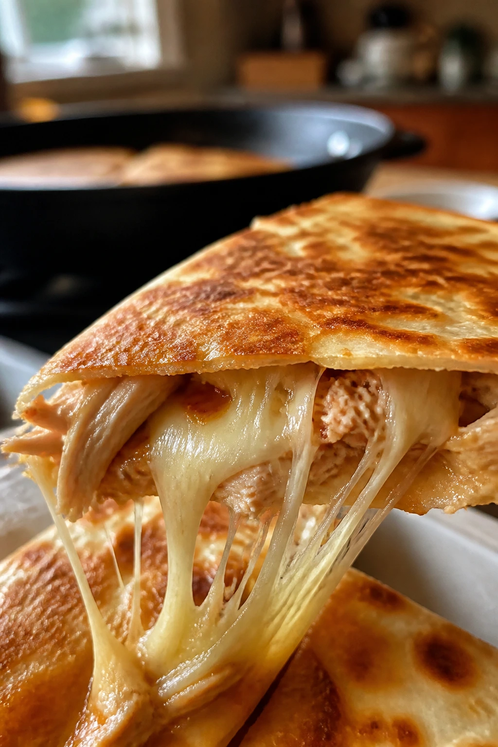 Close-up of a cheesy chicken quesadilla wedge with melted cheese on a kitchen counter.