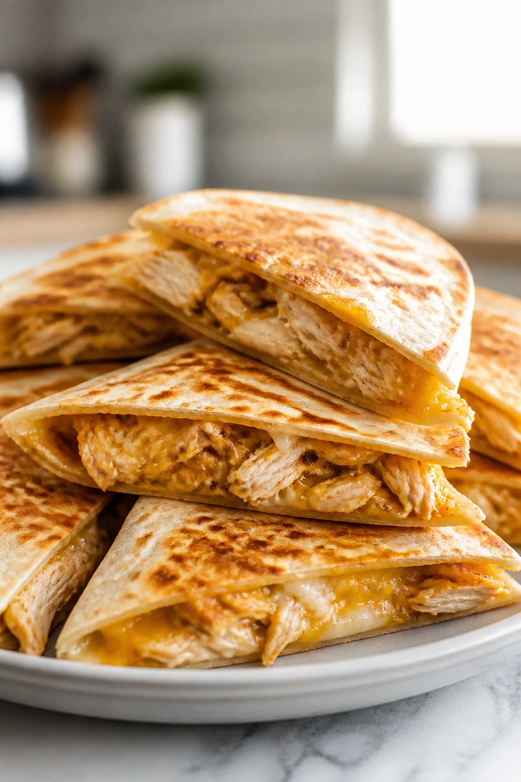 Close-up of chicken quesadilla wedges showing melted cheese and chicken filling